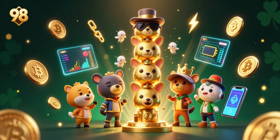 Place bets with 98 at a vibrant 3D illustration featuring animal totem and cryptocurrency.