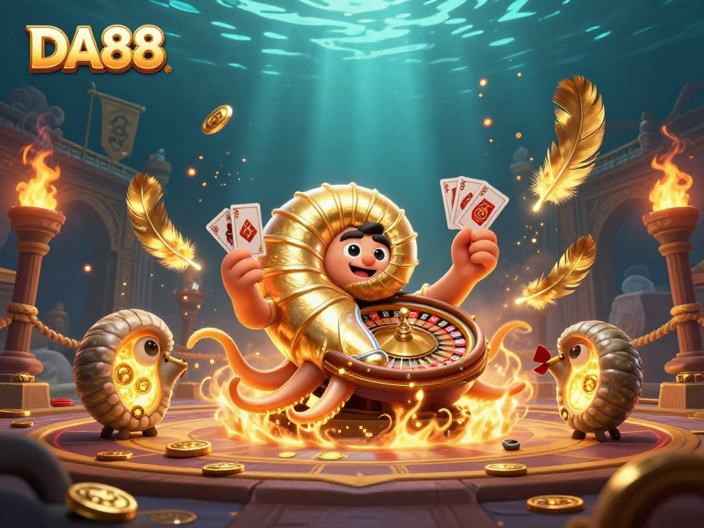 Experience thrilling gameplay at DA88 with a vibrant scene featuring a giant nautilus roulette wheel and glowing companion fossils.