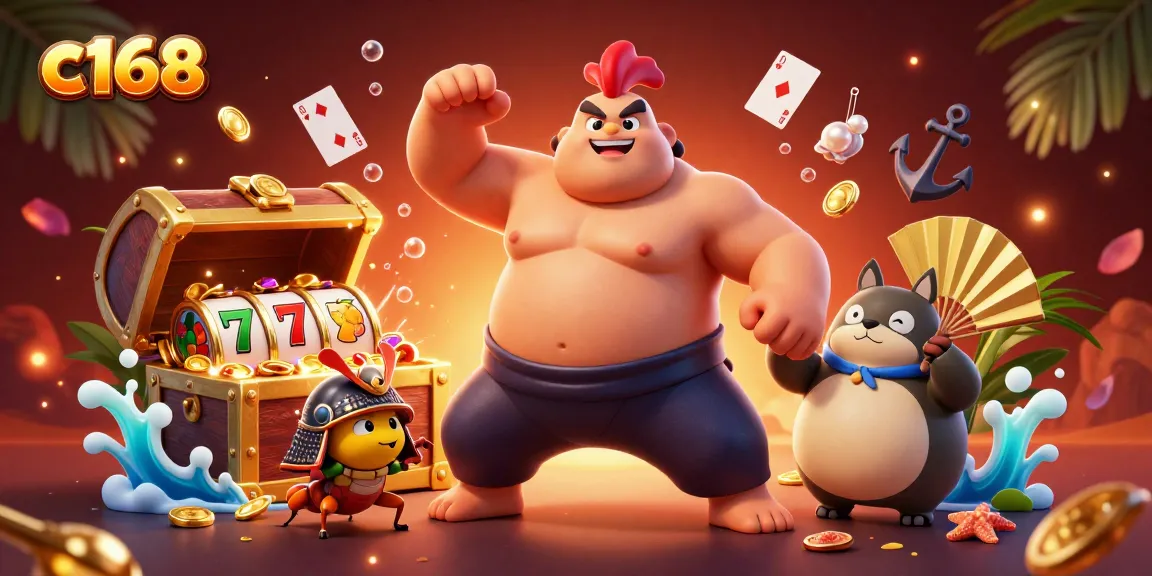Experience winning at c168 with a dynamic scene featuring sumo wrestler rooster and samurai cricket amidst slots and treasures.