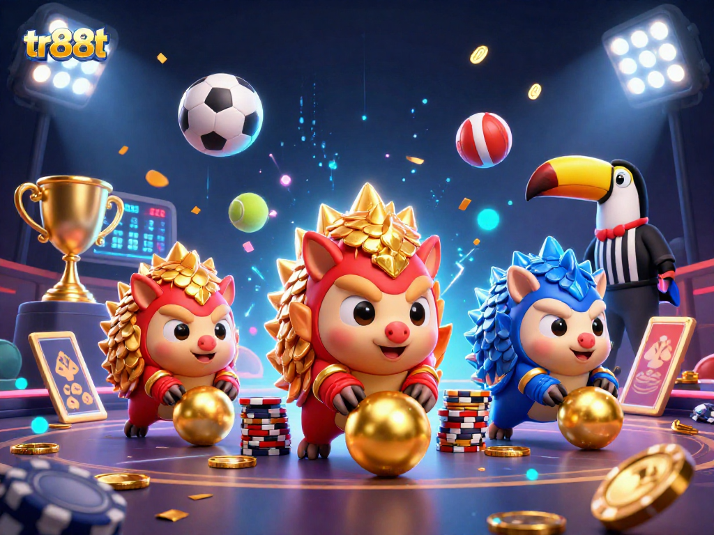 tr88t pangolins bowling with poker chips in a vibrant casino scene filled with sports elements.