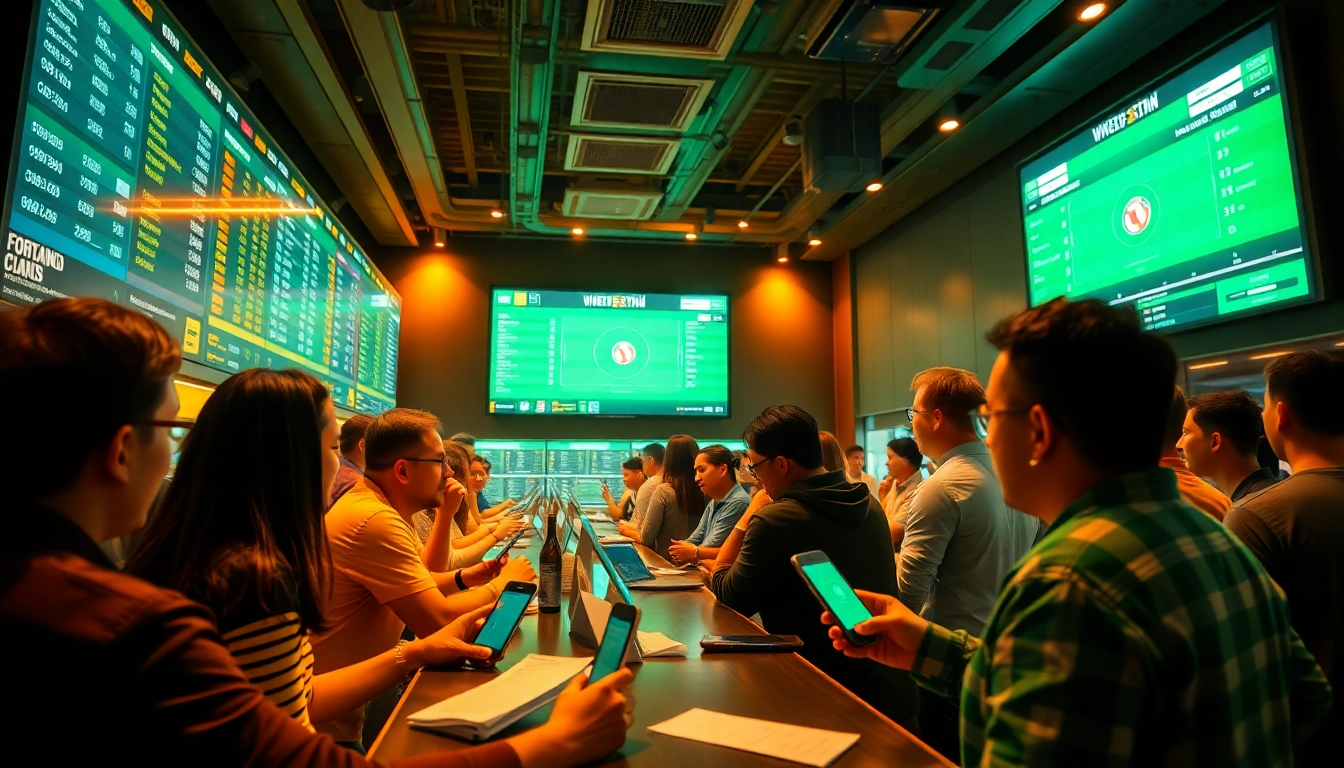 Exciting bettors engaging in trang cá cược bóng đá in a vibrant sports betting environment.