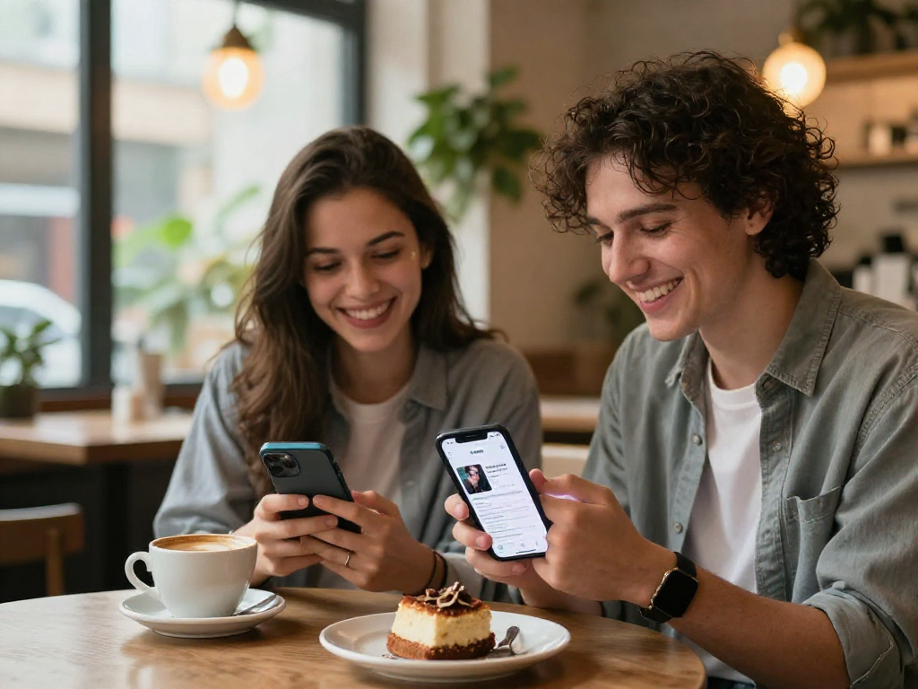 Couple engaging with f168dating app on smartphones in a cozy café.