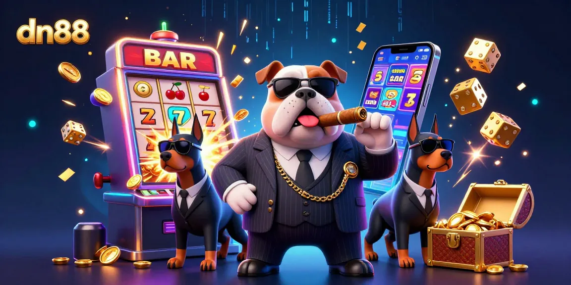 Experience the thrill of dn88 betting with a dynamic casino scene featuring a mafia bulldog and slot machine.