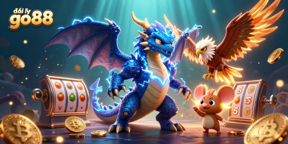 Experience entertainment thrills with đại lý go88 in a vibrant casino world surrounded by crypto symbols and dynamic characters.