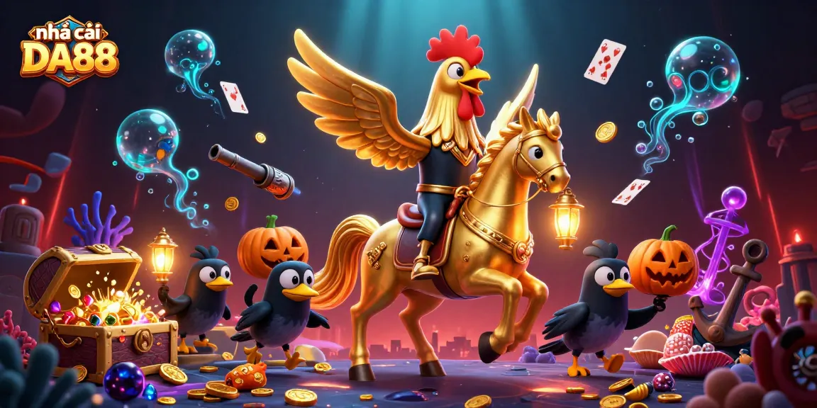 Experience thrilling gaming action at nhà cái DA88 with golden rooster characters amidst vibrant casino elements.
