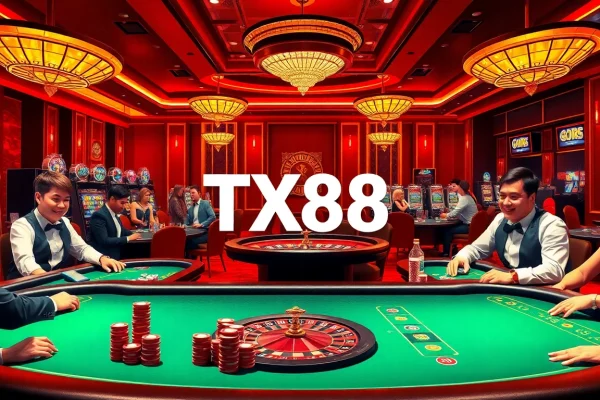 TX88 casino scene showcasing dealers and players at poker tables amidst excitement and luxury.