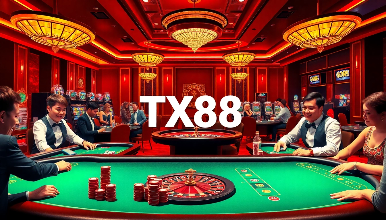 TX88 casino scene showcasing dealers and players at poker tables amidst excitement and luxury.