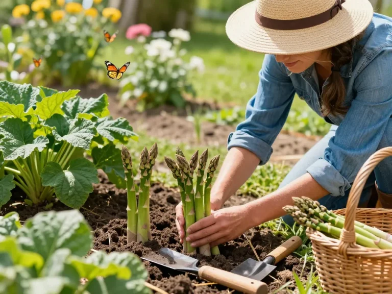 Harvesting fresh asparagus in a home garden, showcasing the joy of growing asperges moestuin.