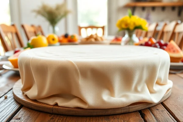 Vibrant wafeldoek stijlvol gepresenteerd met kleurrijke fruit en lekkernijen.