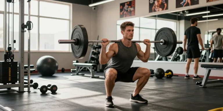 Prime Pharma Steroiden - Athletic man performing barbell squat in modern gym, showcasing strength and focused energy.