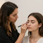 Permanente make-up wenkbrauwen applicatie in een schoonheidssalon met een vrouwelijke artiest die de wenkbrauwen verbetert