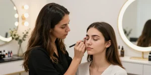 Permanente make-up wenkbrauwen applicatie in een schoonheidssalon met een vrouwelijke artiest die de wenkbrauwen verbetert