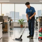 Professional cleaner demonstrating services from a schoonmaakbedrijf den haag in a modern corporate office.