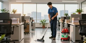 Professional cleaner demonstrating services from a schoonmaakbedrijf den haag in a modern corporate office.