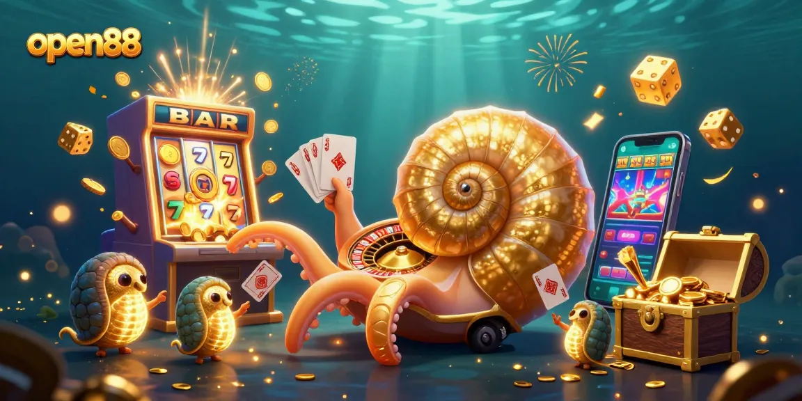 Experience excitement with open88 as you explore a 3D casino scene bursting with jackpots and winning symbols.