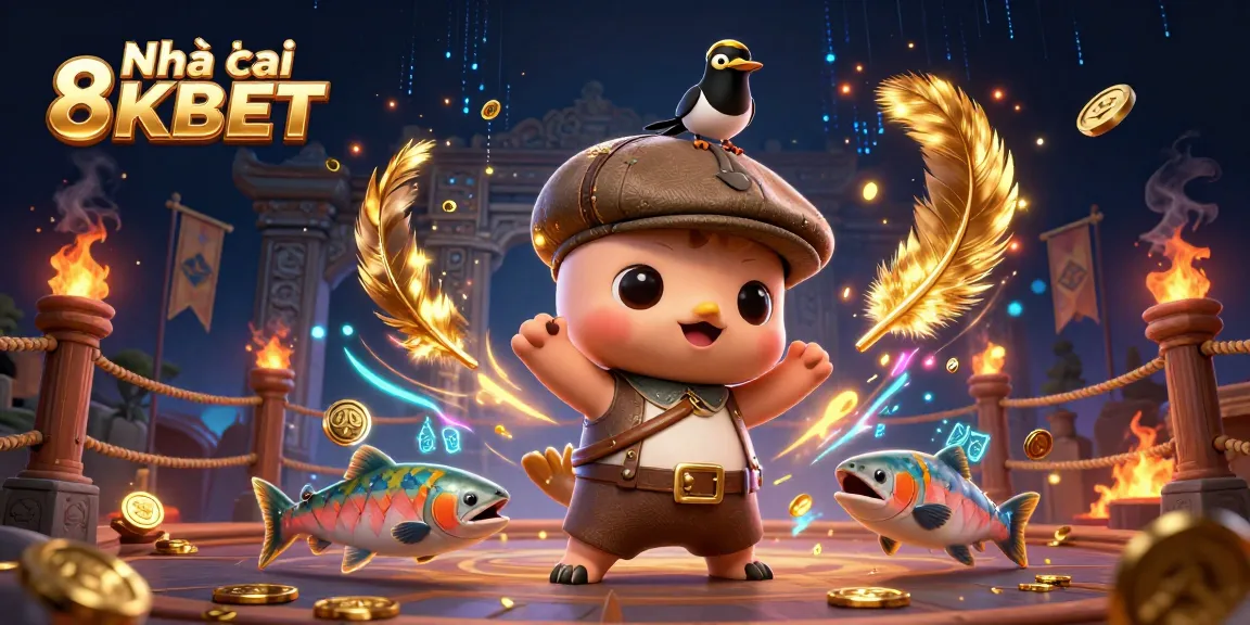 Engage with Nhà cái 8KBET through vibrant 3D illustration featuring playful characters and dynamic casino elements