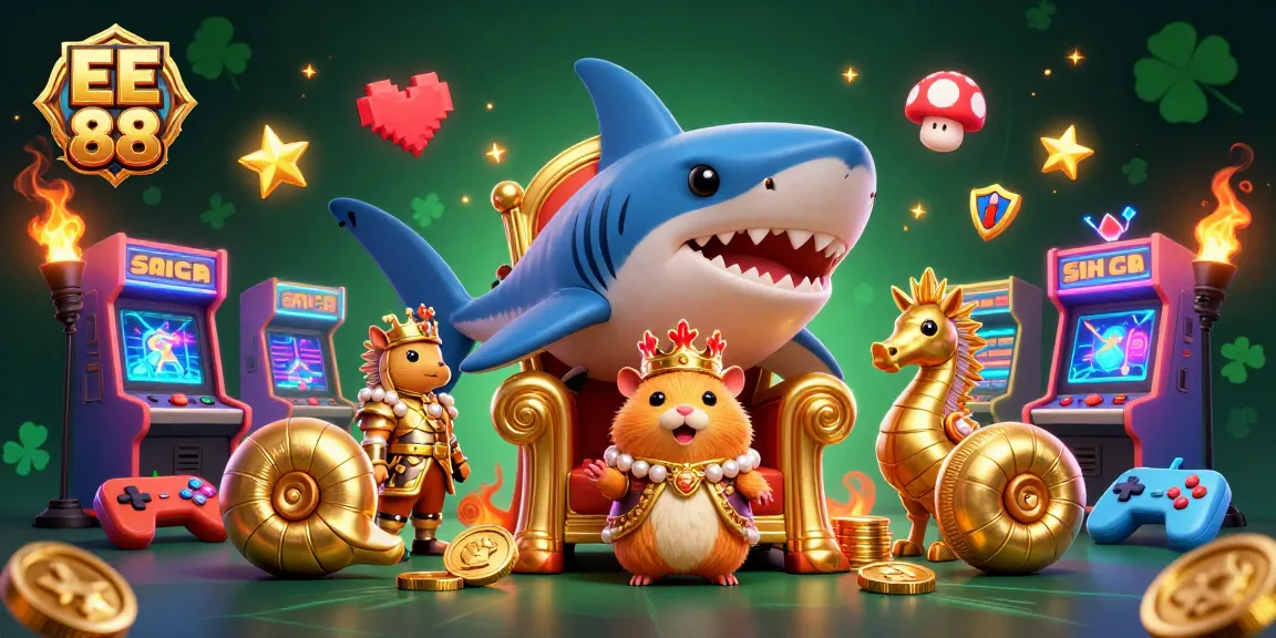 Engage with EE 88's thrilling casino experience illustrated by a golden hamster king and seahorse guards.