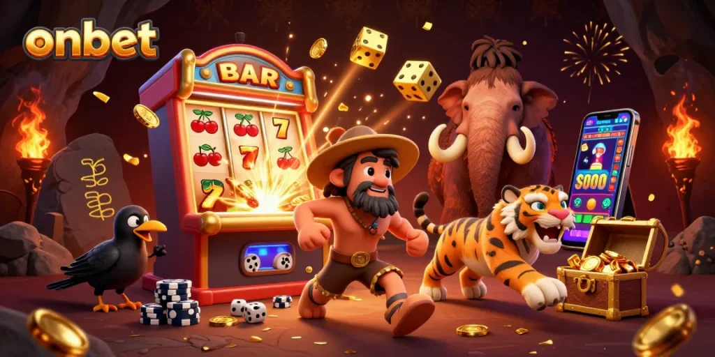 onbet brings excitement to life with a dynamic prehistoric casino scene featuring a caveman and sabertooth tiger.