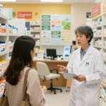 Interactieve scène in de Unique Pharma Shop met een apotheker die klanten helpt bij het kiezen van gezondheidsproducten.