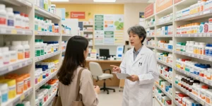 Interactieve scène in de Unique Pharma Shop met een apotheker die klanten helpt bij het kiezen van gezondheidsproducten.