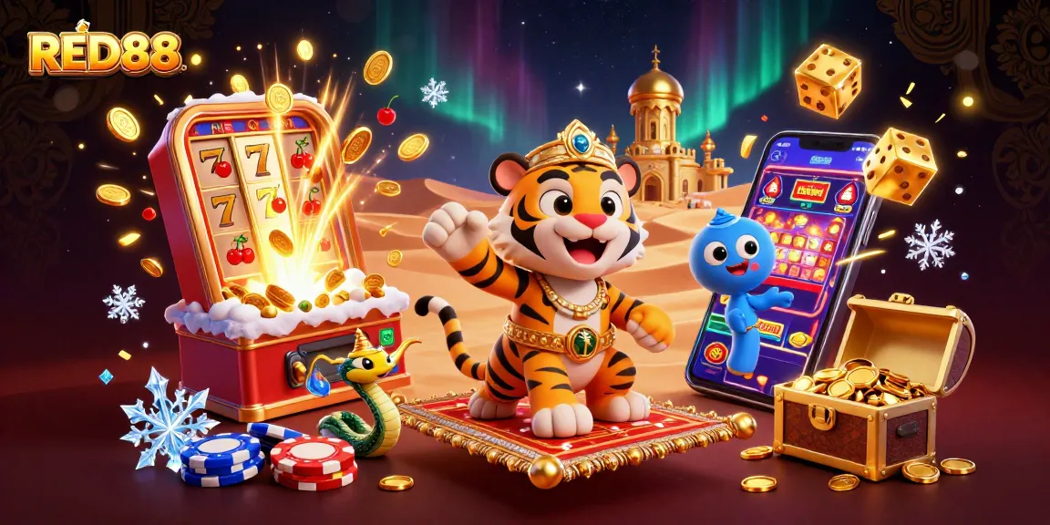 Experience RED88's vibrant casino atmosphere with a magical sultan and slot machine jackpot.