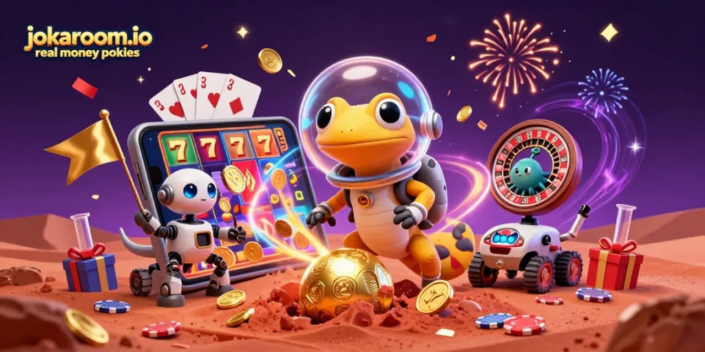 Engaging scene of jokaroom.io real money pokies with a Martian gecko and casino treasures amidst vibrant, dynamic elements.
