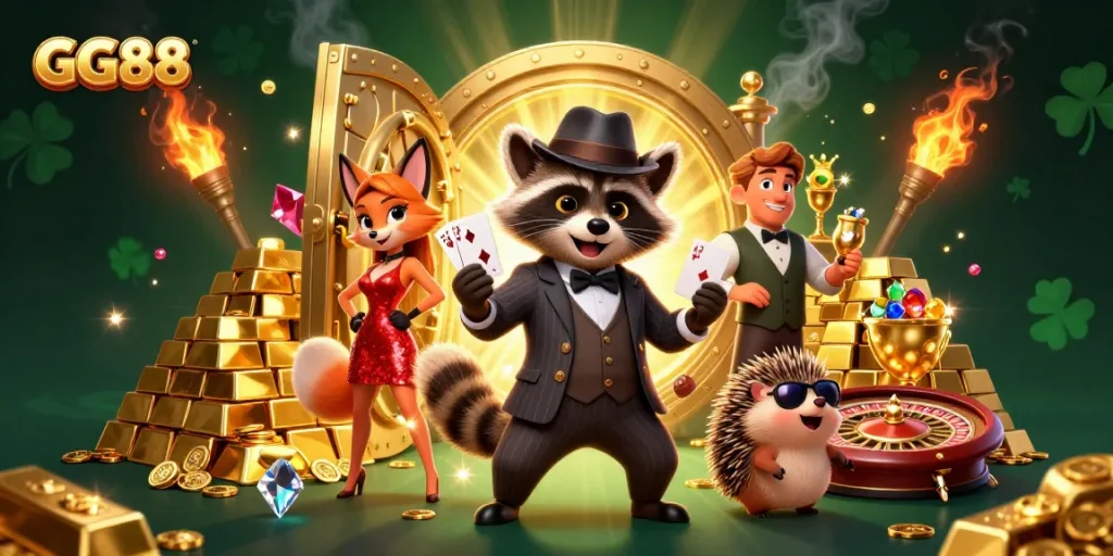 Experience GG88's thrilling casino atmosphere with a raccoon and companions celebrating winning hands.