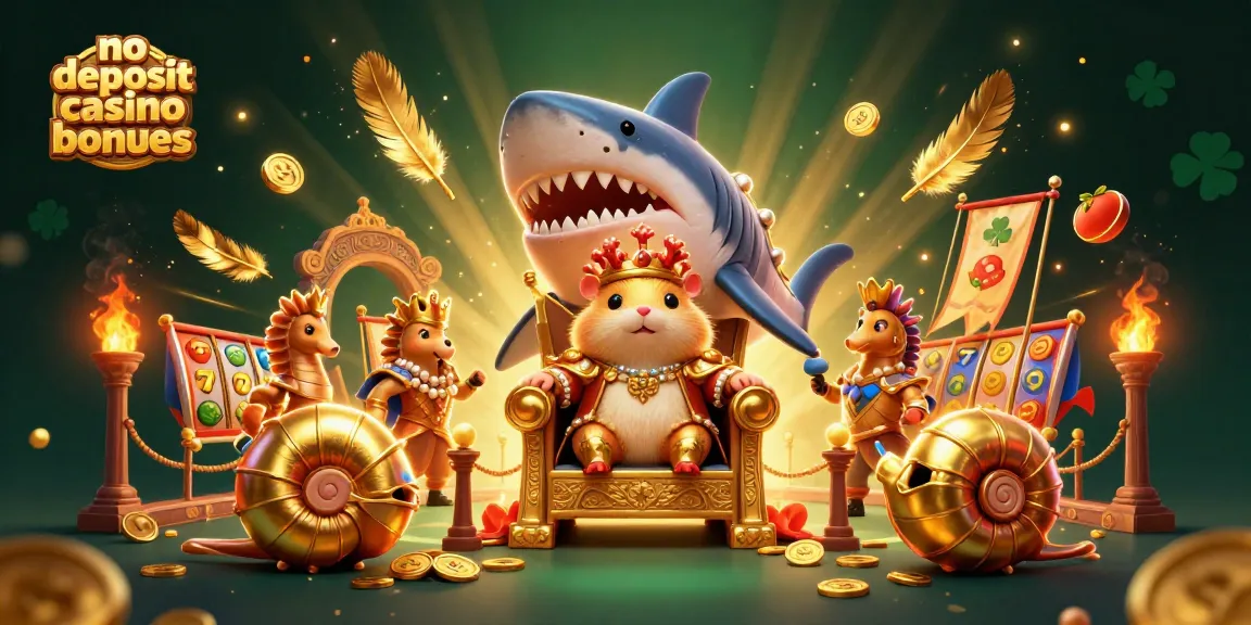 Engage with no deposit casino bonuses featuring a fierce hamster king and vibrant slot symbols.