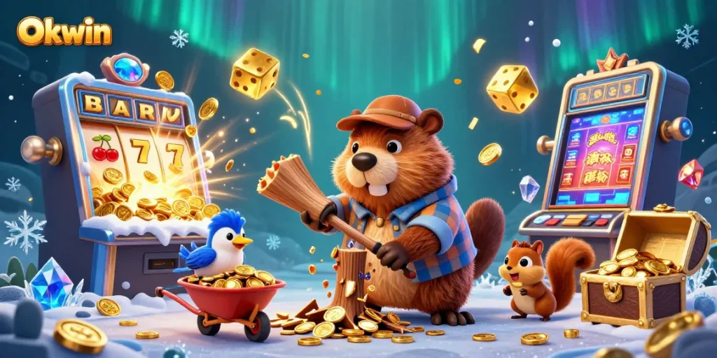 Okwin invites you to a vibrant casino scene with playful characters collecting golden coins.