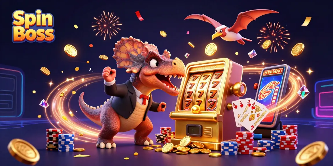 Spin Boss pachycephalosaurus hits a jackpot slot machine, triggering a cascade of gold coins and excitement.