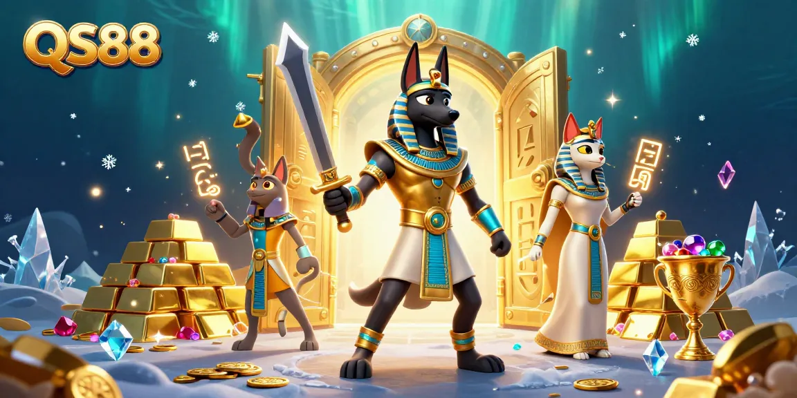 Experience QS88's thrilling gaming with Anubis, Bastet, and treasures in a vibrant 3D casino scene.