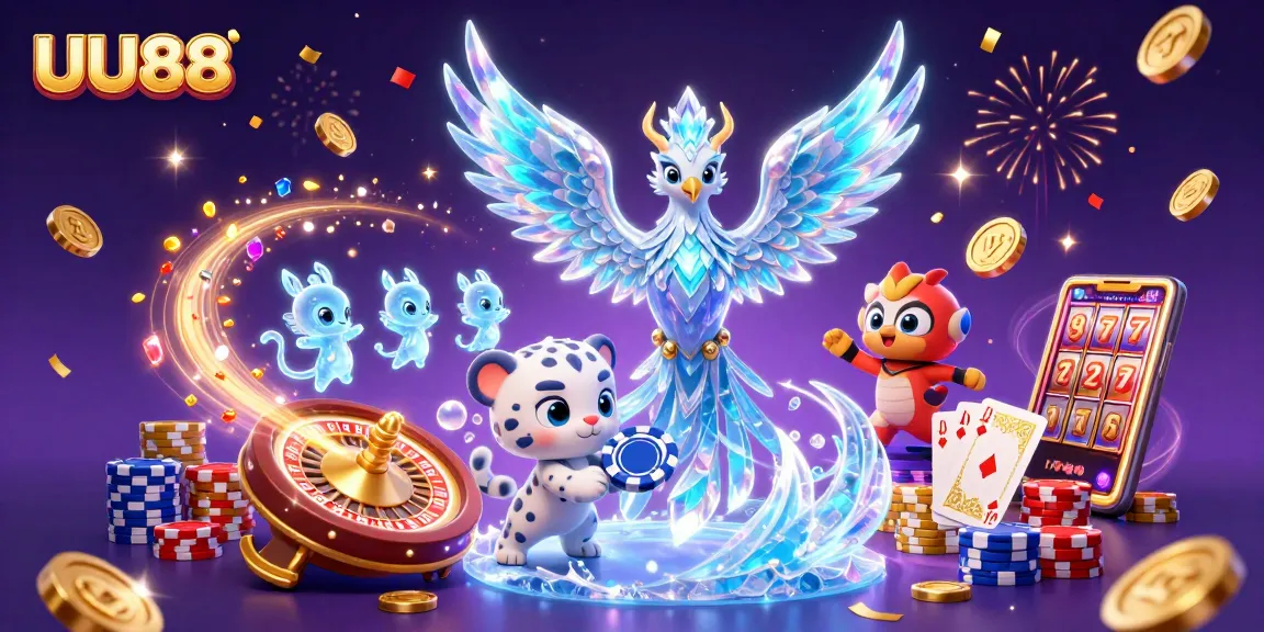 Engage with UU88's thrilling gaming scene filled with vibrant characters and casino elements.