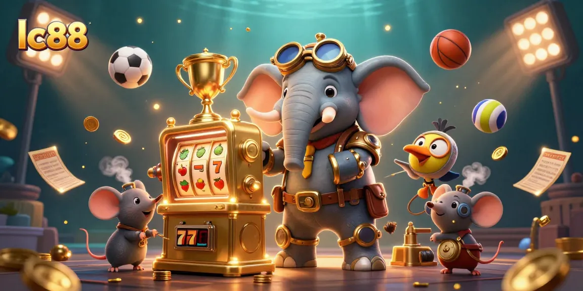 Engage with lc88's thrilling slot experience featuring a steampunk elephant and dynamic sports elements.