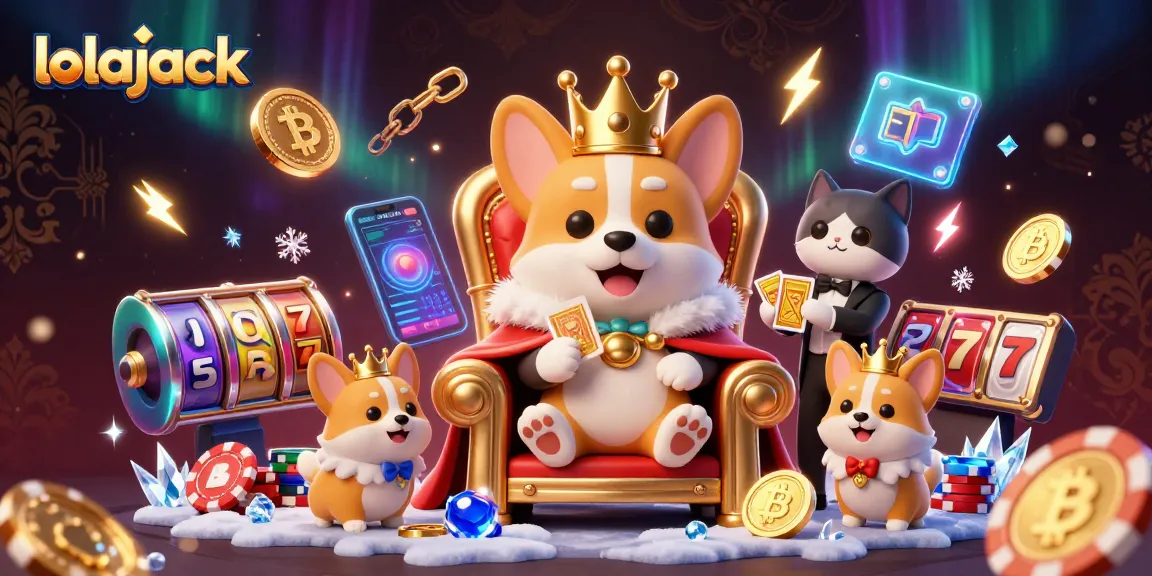 Experience lolajack gaming with a royal corgi and cat butler, surrounded by vibrant casino elements.