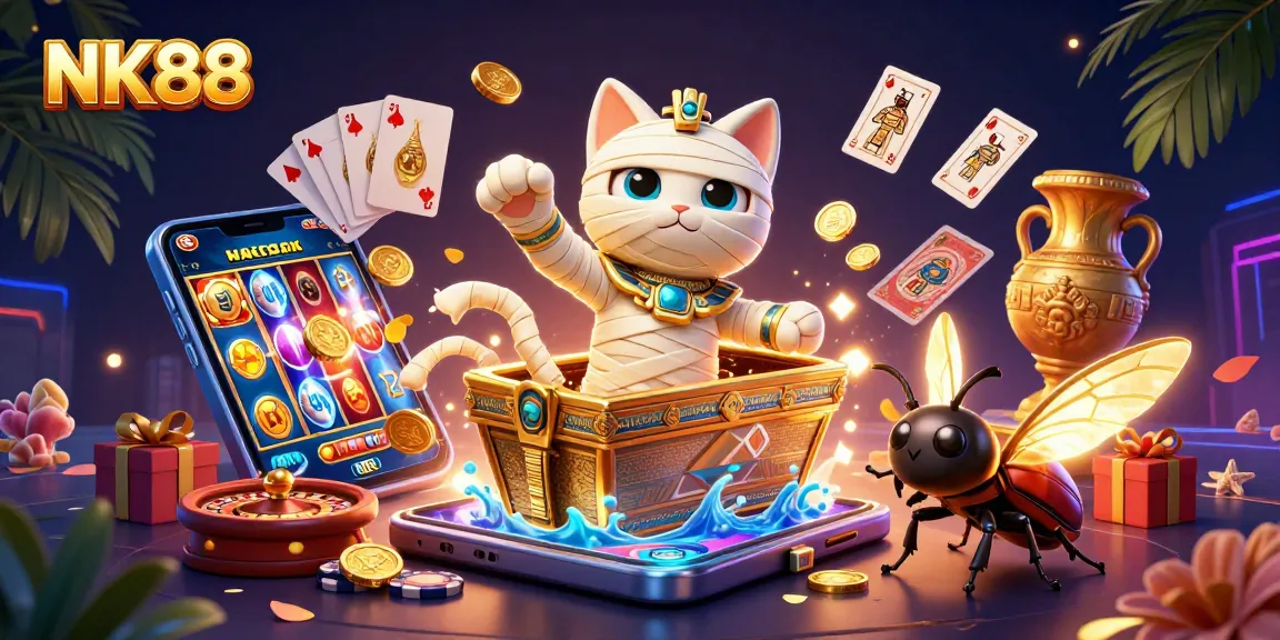 NK88 brings fortune in a creative casino scene with a mummy cat, roulette, and slot games.
