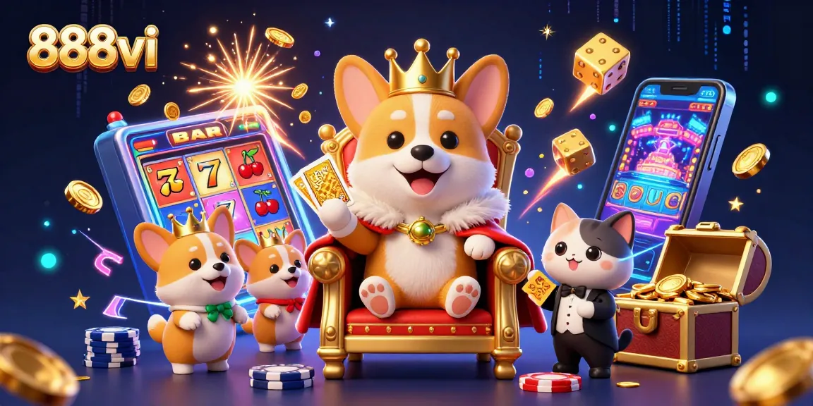 Experience the thrill of winning at 888vi with exciting games like slots, featuring royal corgi characters amidst jackpot excitement.