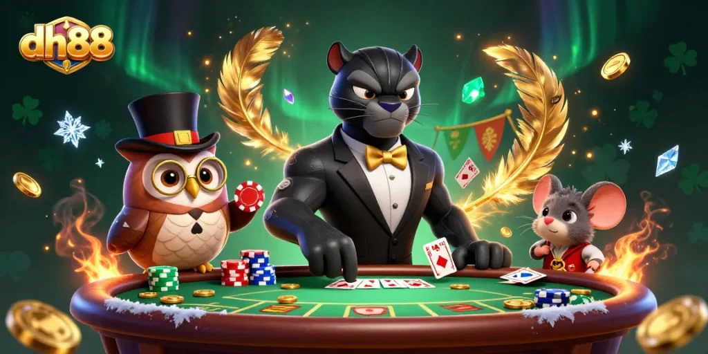Engage with dh88's exciting poker scene featuring a stylish panther dealer, an owl with poker chips, and a lucky mouse.