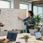 Collaborative team building internal tools with AI in a modern tech workspace.