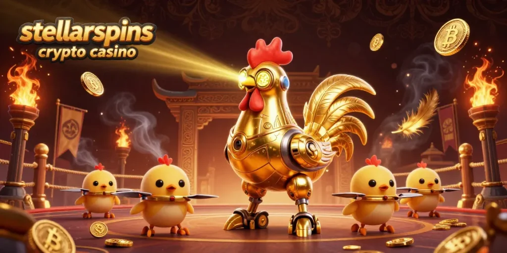 Engage in the excitement of stellarspins crypto casino with golden rooster robot and baby chick drones!