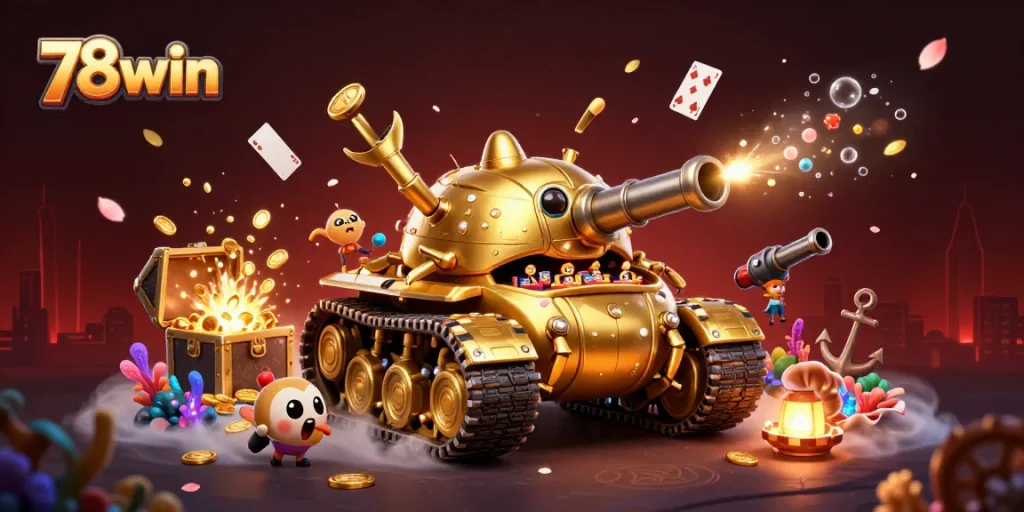 Experience 78win’s vibrant casino scene with golden coins, games, and dynamic elements.