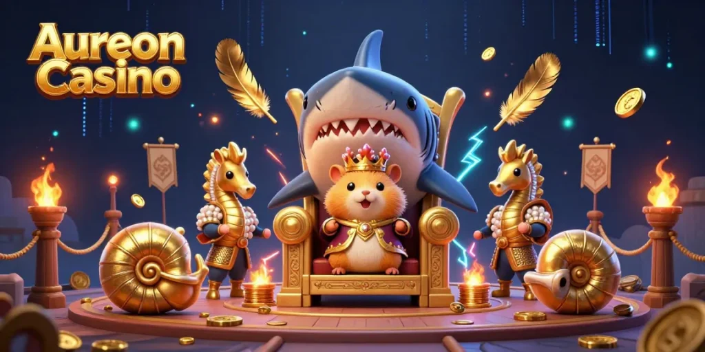 Aureon Casino features a vibrant throne scene with a golden hamster king, seahorse guards, and exciting casino elements.