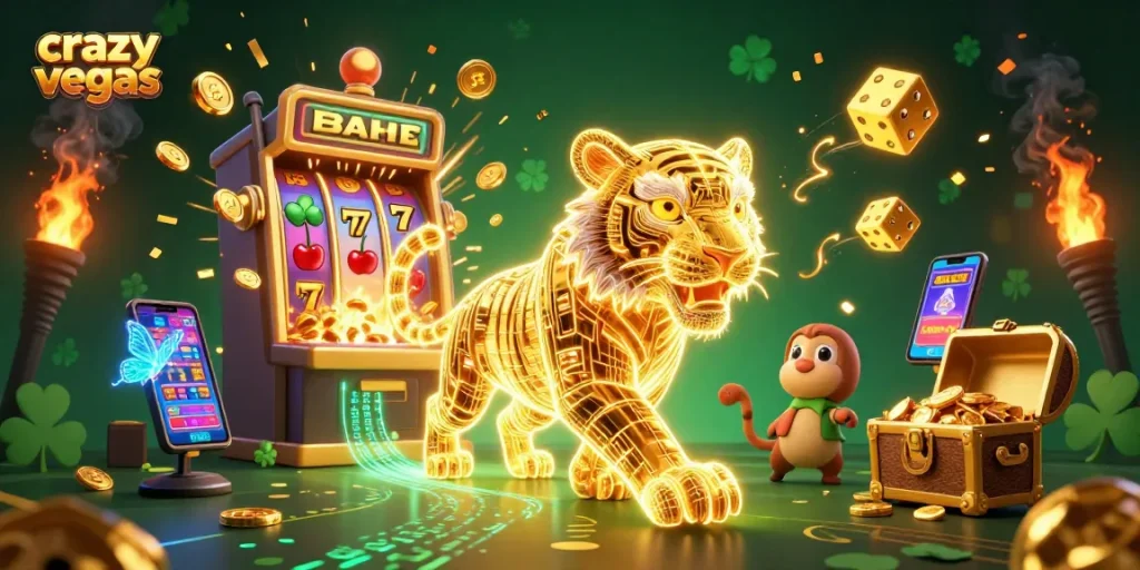 Engage with crazyvegas in a vibrant digital casino scene, featuring jackpot slot machines and glowing elements.