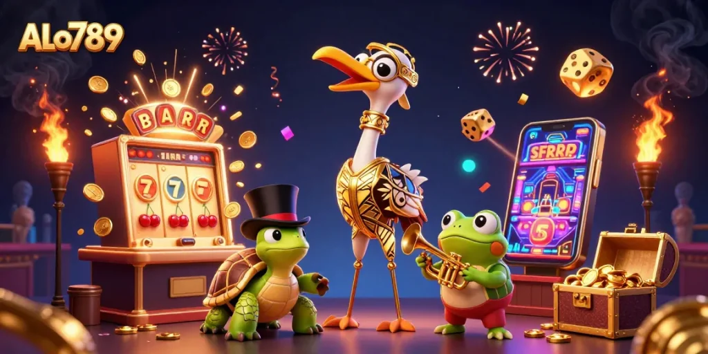 Engage with ALo789 and experience a vibrant 3D casino scene featuring exciting game elements.